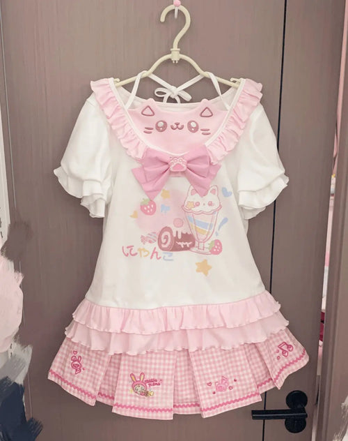 Kawaii Cat Print Ruffle T-Shirt with Bow Detail