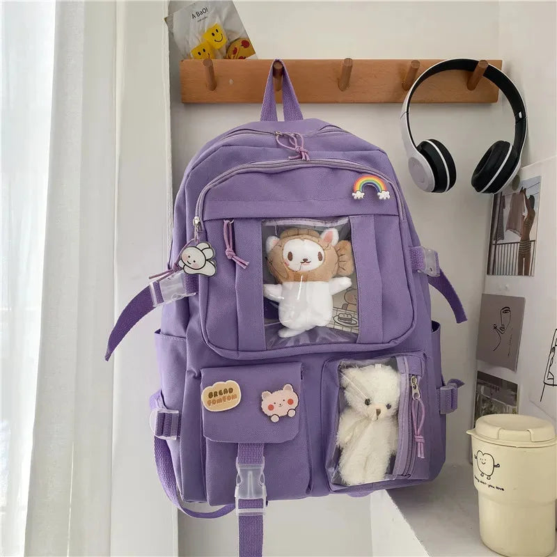 Kawaii Multi-Pocket Backpack – White, Purple or Black