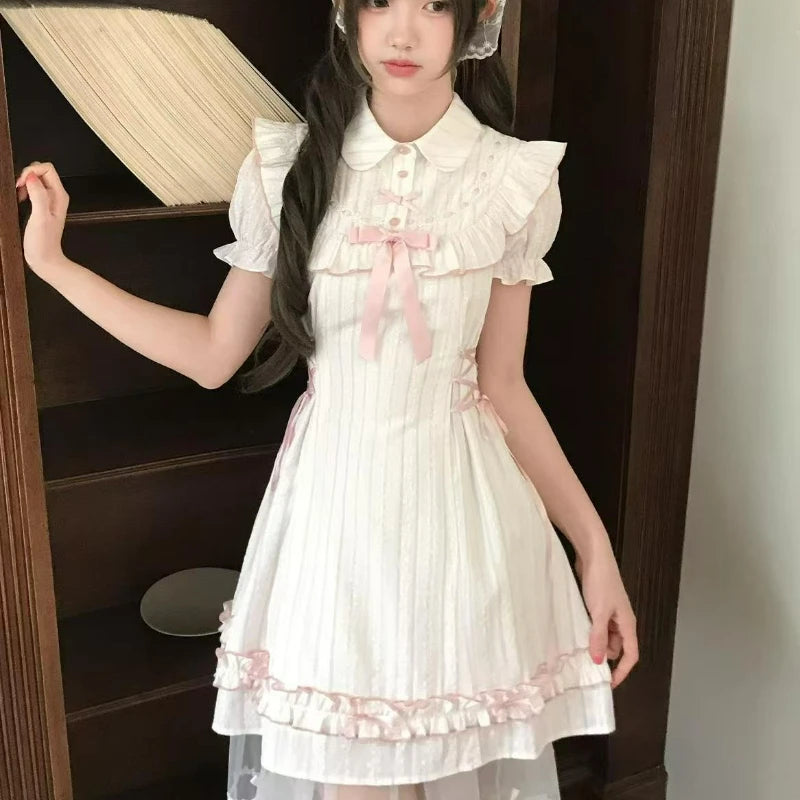 Kawaii White Sweet Lolita Ruffle Mini Dress with Peter Pan Collar