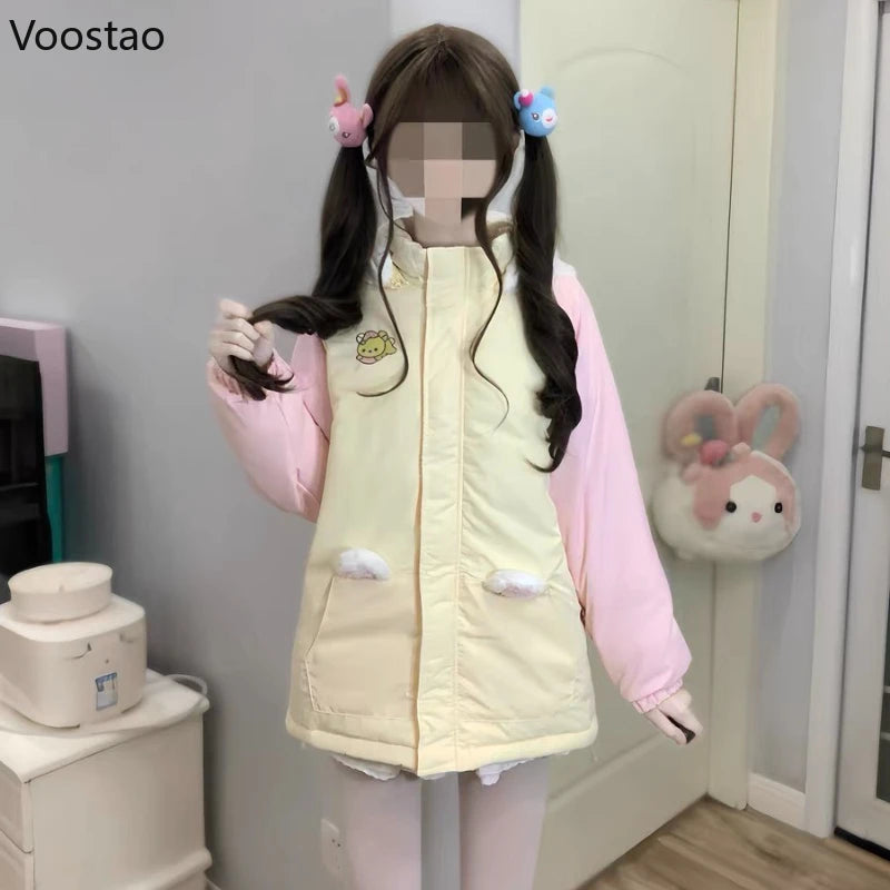 Kawaii Bear-Ear Hooded Padded Jacket with Embroidery