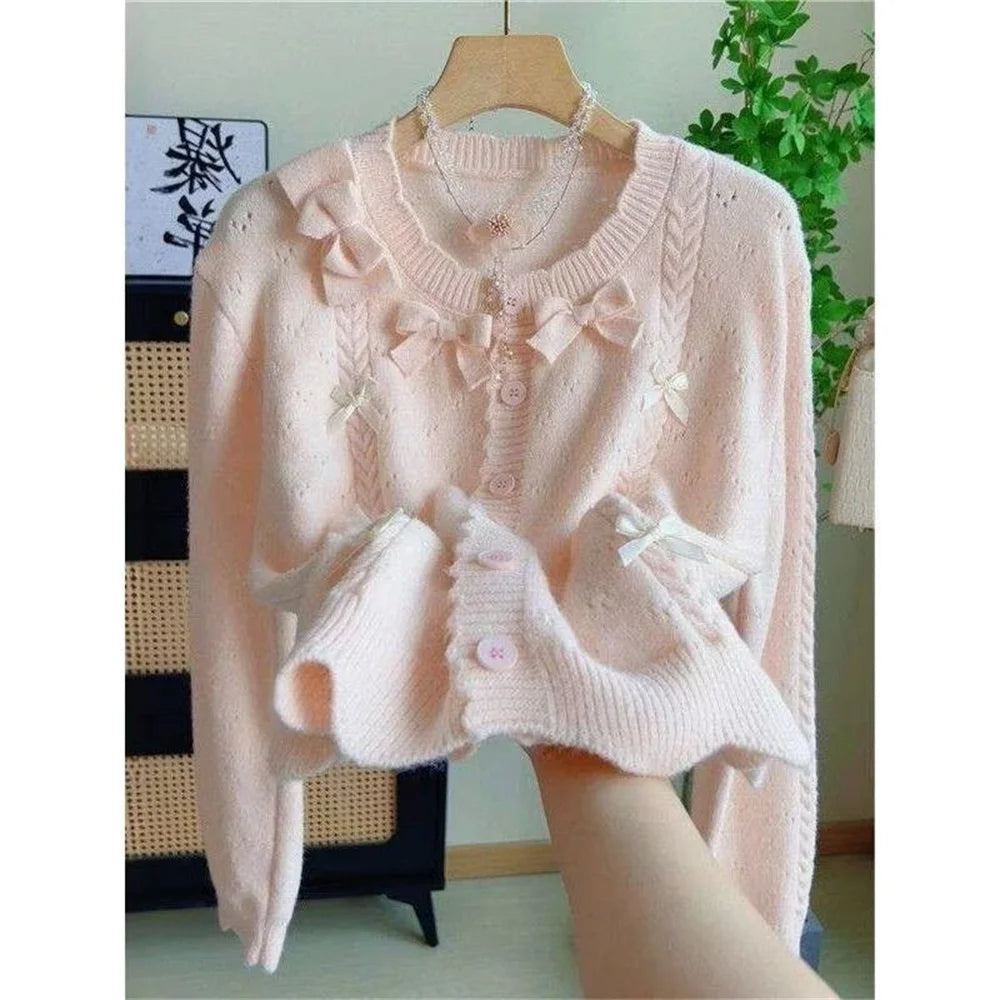 Kawaii Bow-Detail Knit Cardigan