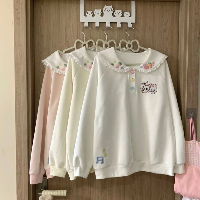 Kawaii Embroidered Lace-Collar Pullover Sweatshirt