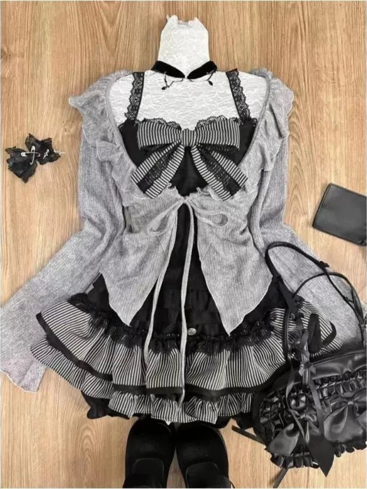 Women's Kawaii 3-Piece Skirt Set with Lace Bow