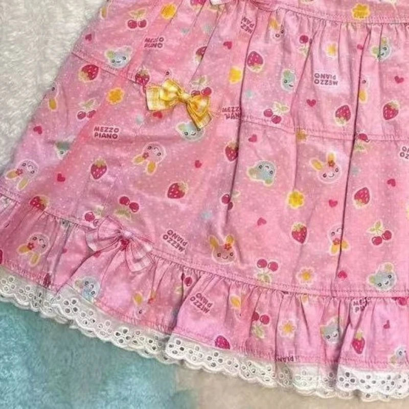 Kawaii Pink Fruit-and-Character Print Tiered Mini Skirt with Lace Trim