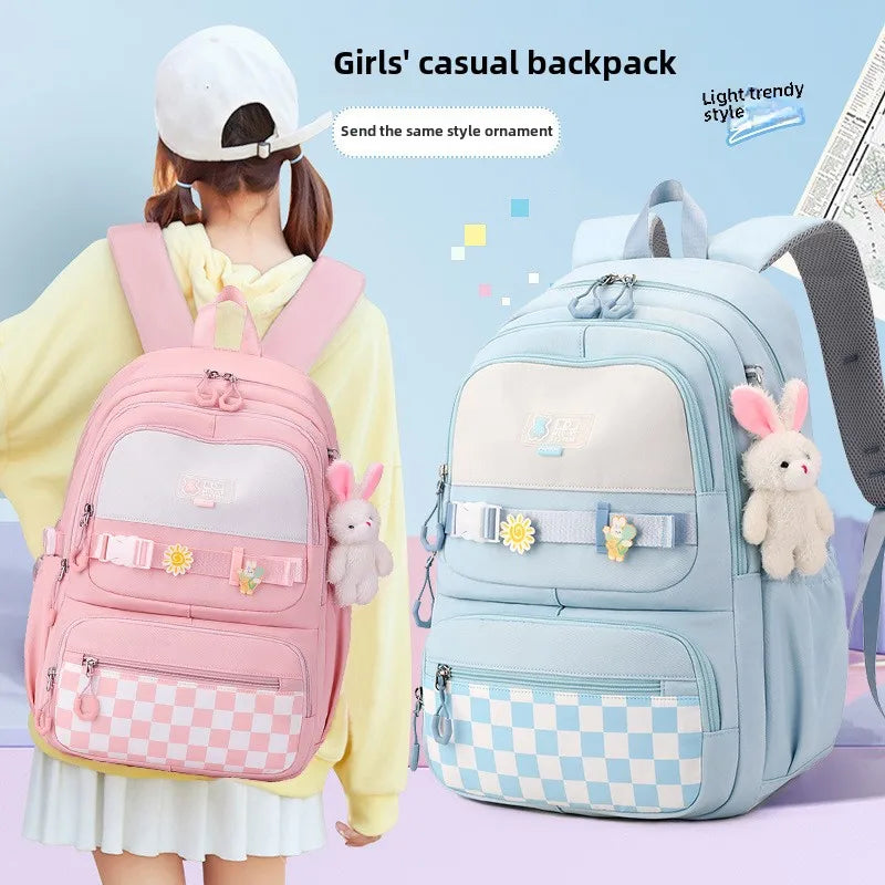 Kawaii Plaid Nylon School Backpack with Bunny Charm