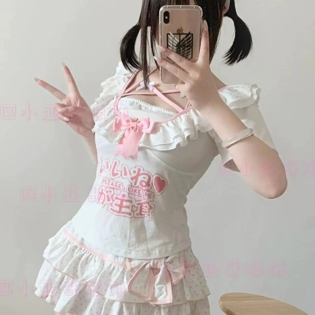 Kawaii White Polka-Dot Ruffle Mini Skirt with Pink Bow