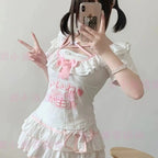 Kawaii White Polka-Dot Ruffle Mini Skirt with Pink Bow