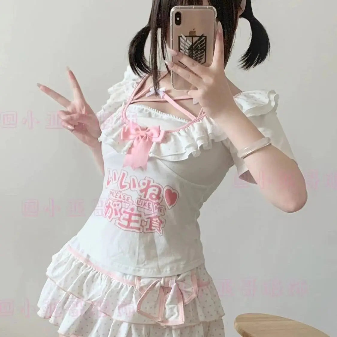 Kawaii White Polka-Dot Ruffle Mini Skirt with Pink Bow