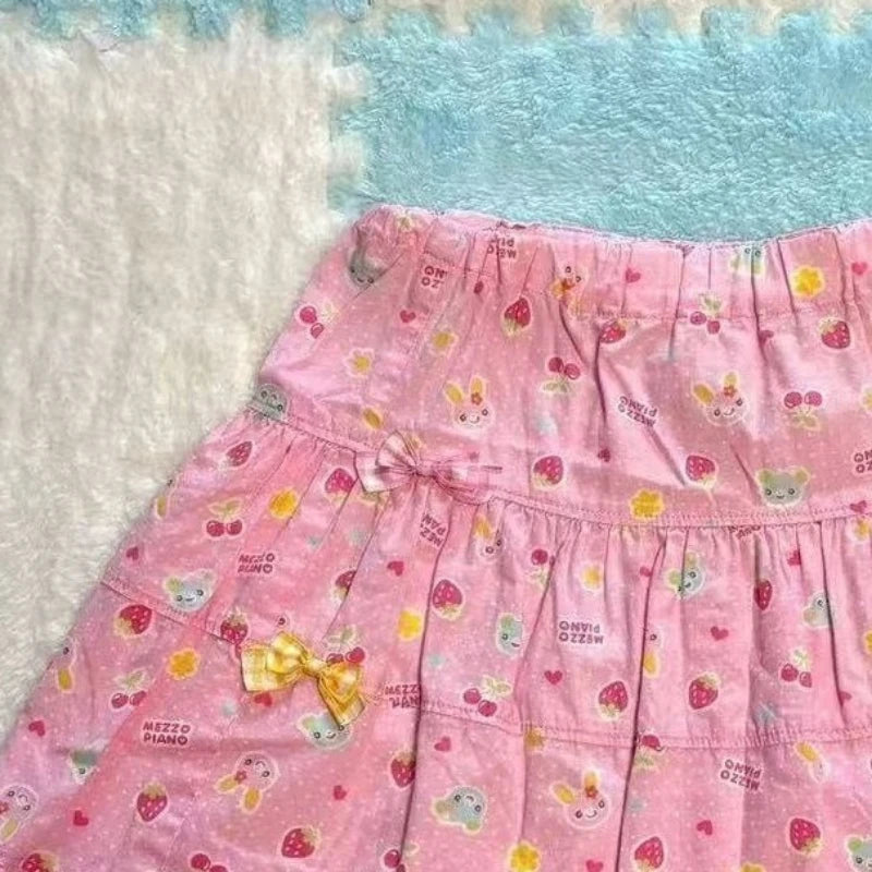 Kawaii Pink Fruit-and-Character Print Tiered Mini Skirt with Lace Trim