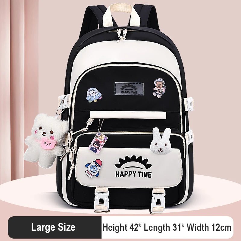 Kawaii Multi-Pocket Nylon Backpack with Bear & Bunny Charms