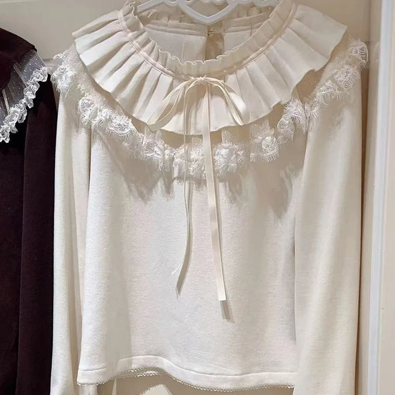 Kawaii Women's Lolita Lace Ruffle Bow Long-Sleeve T-Shirt