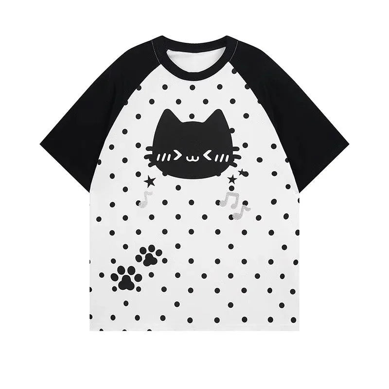 Kawaii Cat Polka Dot Musical Notes T-Shirt