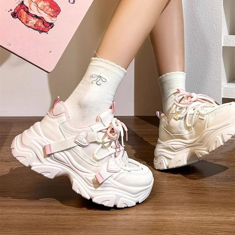 Kawaii Women's Heart Detail Lace-Up Chunky Sneakers
