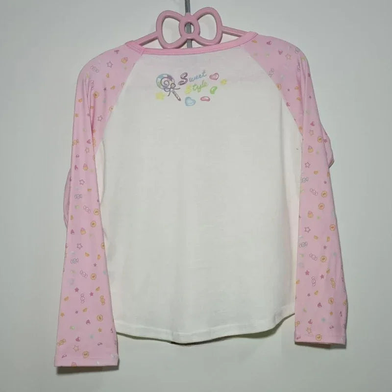 Kawaii Cartoon Graphic Long-Sleeve T-Shirt with Bow Detail