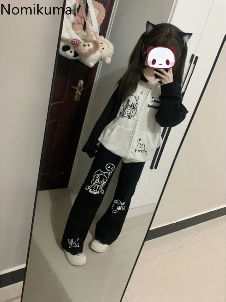 Kawaii Women's Black Cartoon Print Straight-Leg Pants
