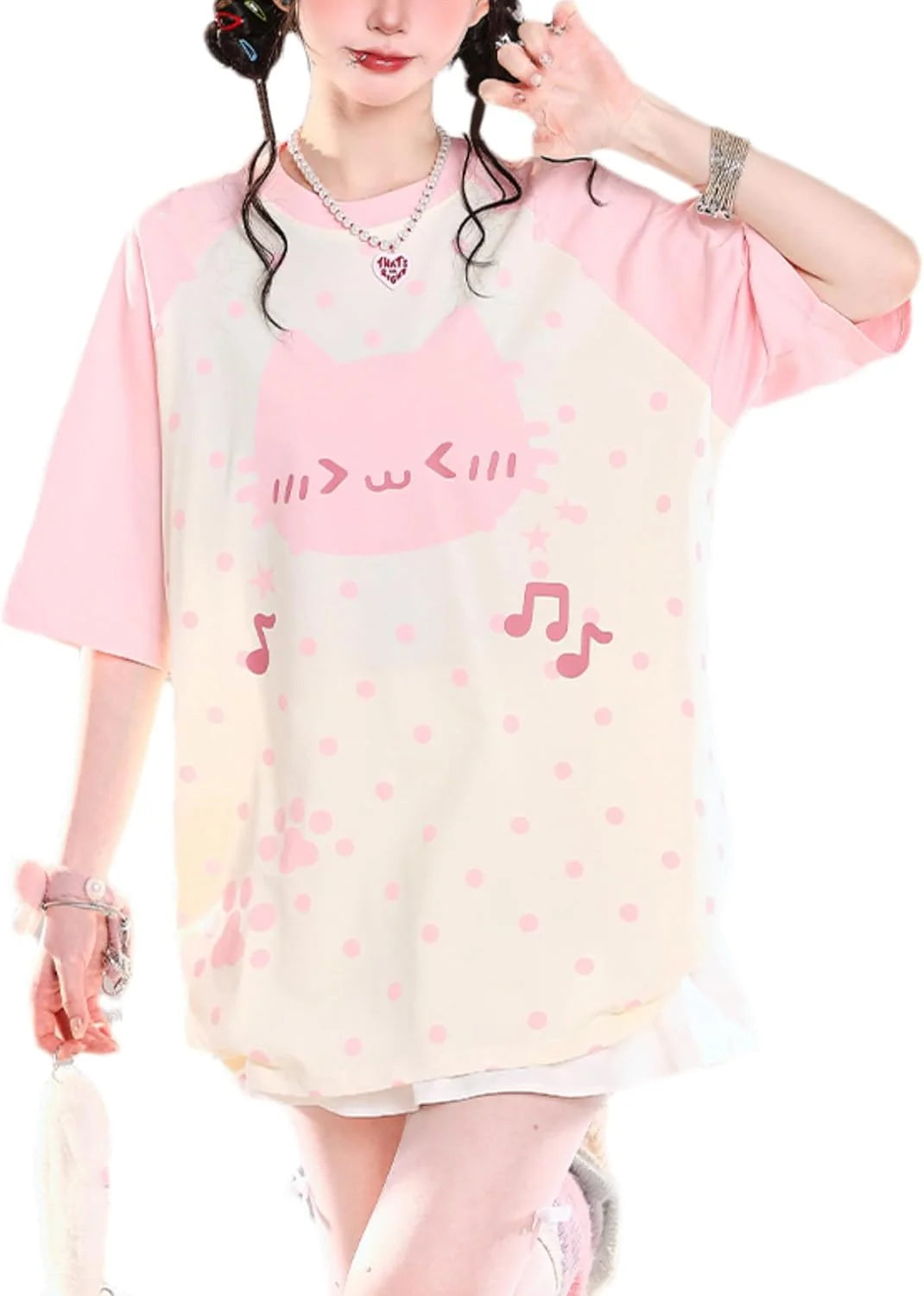 Kawaii Cat Polka Dot Musical Notes T-Shirt