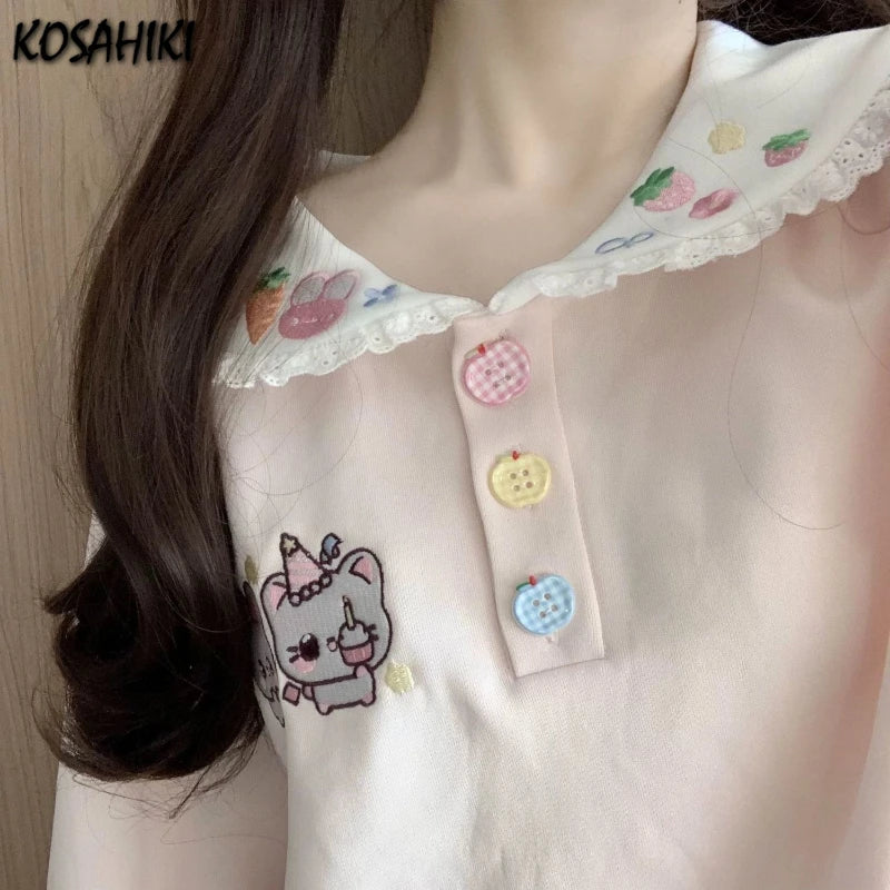 Kawaii Embroidered Lace-Collar Pullover Sweatshirt