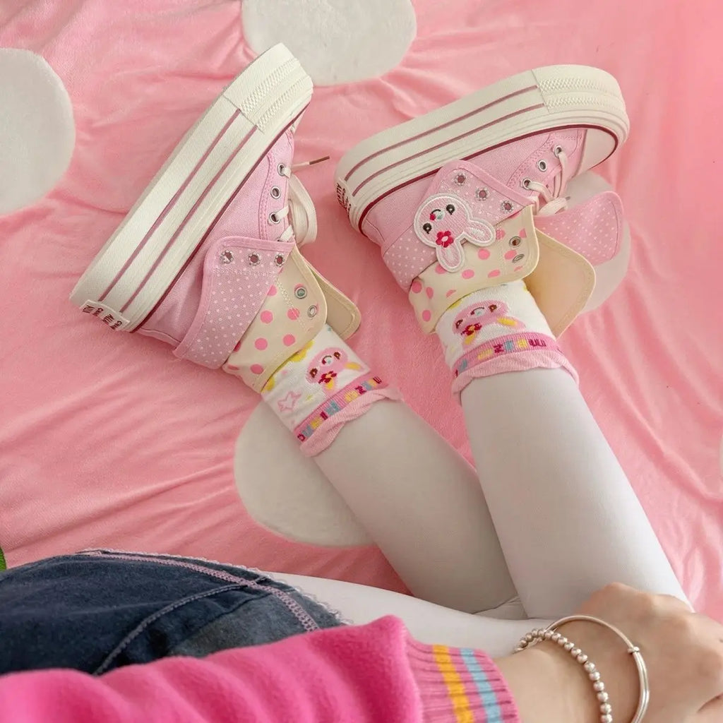 Kawaii Women's Pink Rabbit Polka Dot High-Top Platform Canvas Sneakers