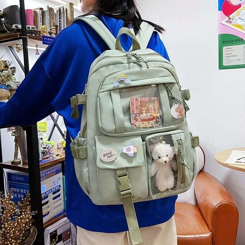 Kawaii Multi-Pocket Nylon Backpack with Clear Display Pockets