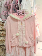 Kawaii Pink Bunny-Ear Hooded Zip-Up Jacket with Lace Trim and Bow Pockets