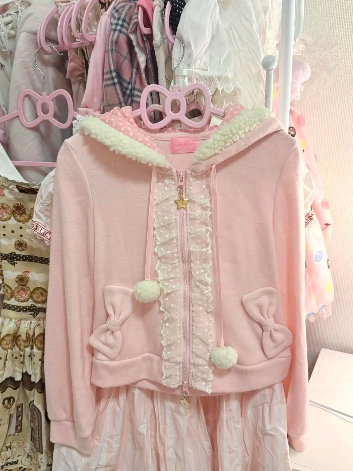Kawaii Pink Bunny-Ear Hooded Zip-Up Jacket with Lace Trim and Bow Pockets