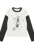 Kawaii Women's Cartoon Star Graphic Long-Sleeve T-Shirt with Striped Sleeves