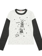 Kawaii Women's Cartoon Star Graphic Long-Sleeve T-Shirt with Striped Sleeves