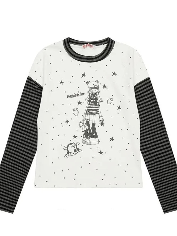 Kawaii Women's Cartoon Star Graphic Long-Sleeve T-Shirt with Striped Sleeves