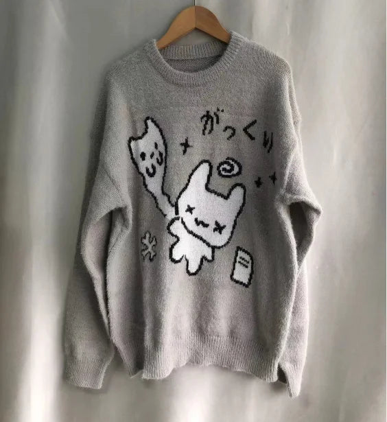 Kawaii Women's Gray Cartoon Knit Sweater