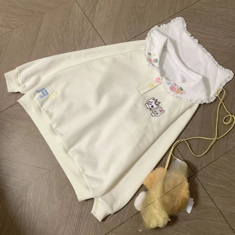 Kawaii Embroidered Lace-Collar Pullover Sweatshirt