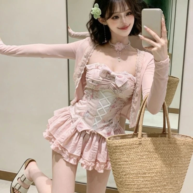 Women's Kawaii 3-Piece Skirt Set with Lace Bow