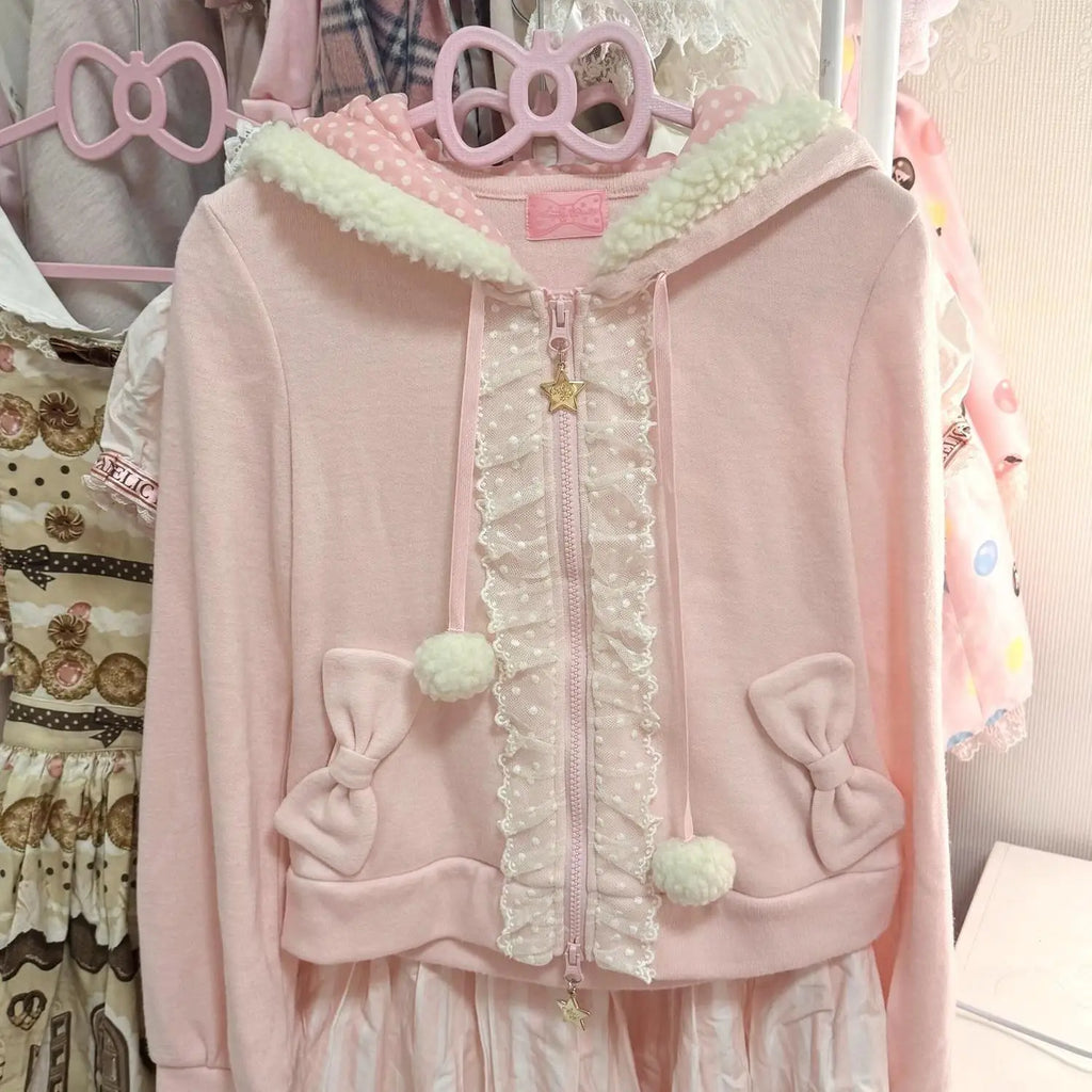 Kawaii Pink Bunny-Ear Hooded Zip-Up Jacket with Lace Trim and Bow Pockets