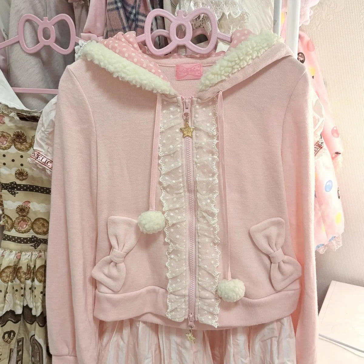 Kawaii Pink Bunny-Ear Hooded Zip-Up Jacket with Lace Trim and Bow Pockets