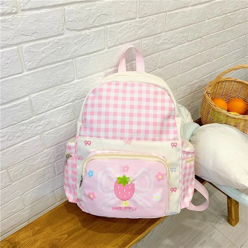 Kawaii Pink Plaid Strawberry Bow Backpack