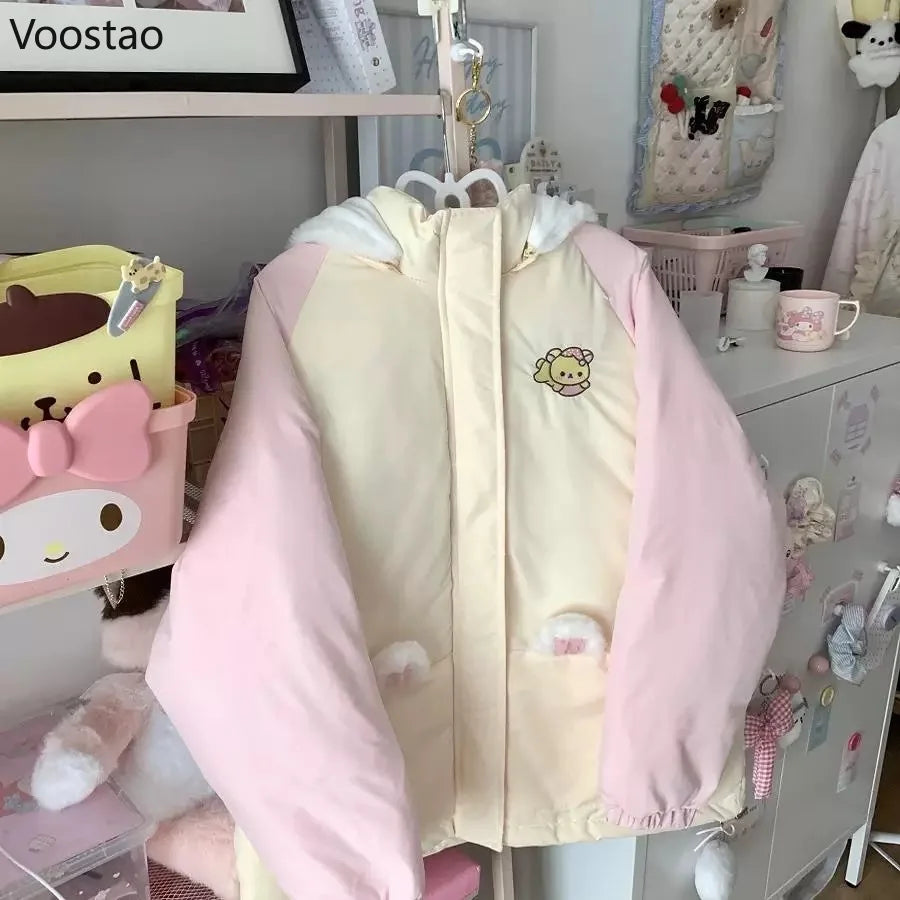Kawaii Bear-Ear Hooded Padded Jacket with Embroidery