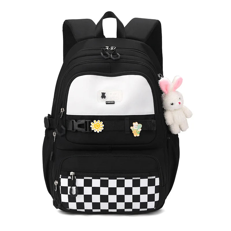 Kawaii Plaid Nylon School Backpack with Bunny Charm