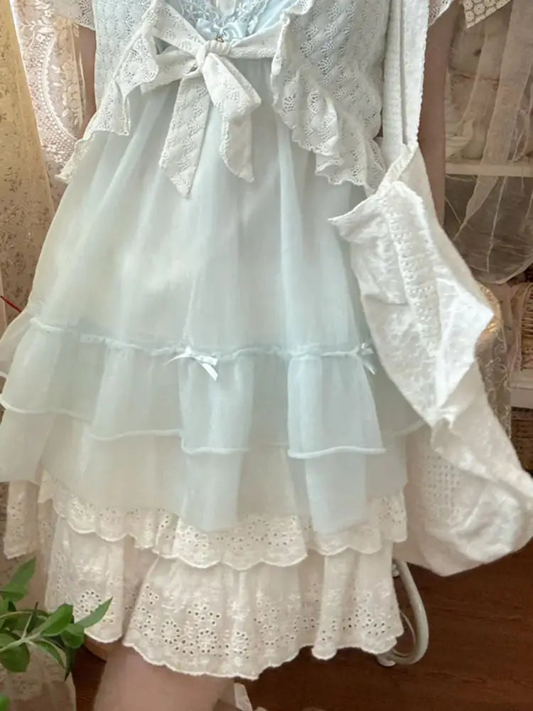 Kawaii Women's Lace Bow Detail 3-Piece Mini Dress Set