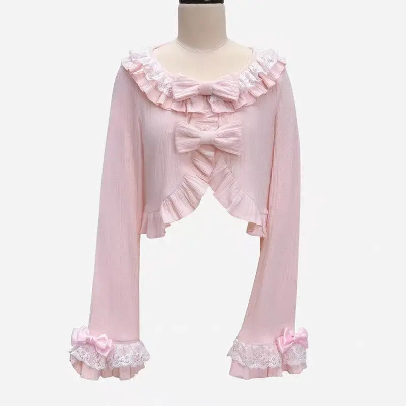 Kawaii Women’s Ruffled Bow Knit Cropped Cardigan