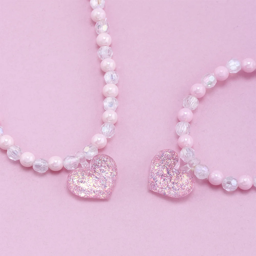 Kawaii Pink Heart Beaded Necklace and Bracelet Set