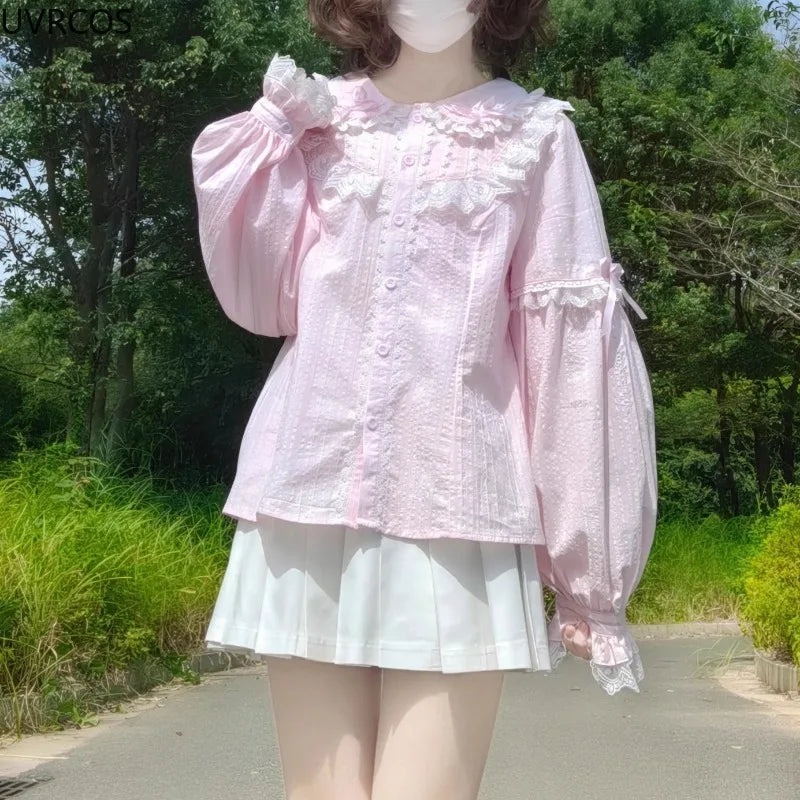 Kawaii Women's Victorian Lace Bow Blouse with Peter Pan Collar