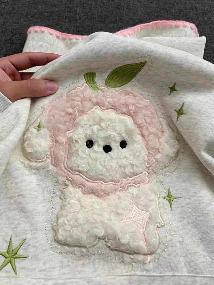 Kawaii Women's Light Gray Embroidered Sheep Hooded Pullover Sweatshirt