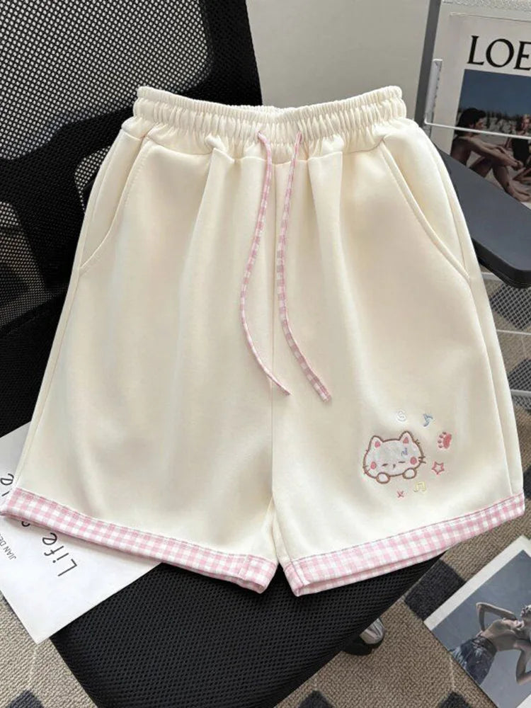 Kawaii Women's High-Waist Cartoon Embroidered Shorts - Apricot