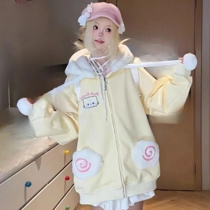 Kawaii Cartoon Embroidered Zip-Up Hoodie with Pockets