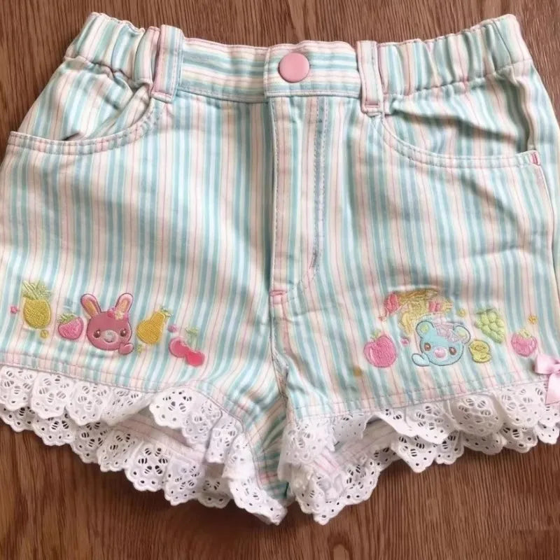Kawaii Women's Striped Cartoon-Embroidered Lace-Trim Shorts