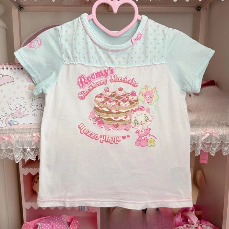 Kawaii Women's Light Blue Cartoon Graphic T-Shirt