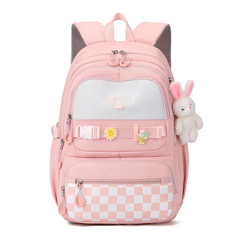 Kawaii Plaid Nylon School Backpack with Bunny Charm