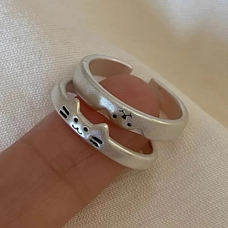 Kawaii Adjustable Silver Cat and Dog Couple Rings