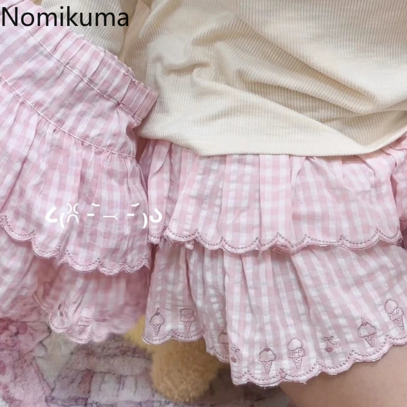 Pink Plaid Embroidered Ruffle Mini Skirt
