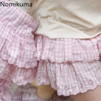 Pink Plaid Embroidered Ruffle Mini Skirt