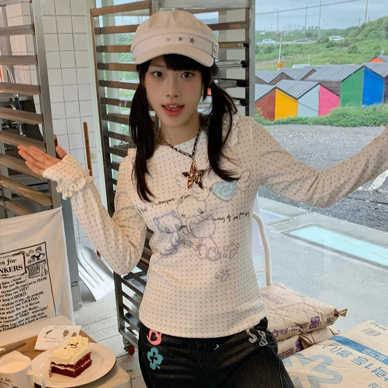 Kawaii Women's White Cat-Print Polka-Dot Knit Long-Sleeve T-Shirt
